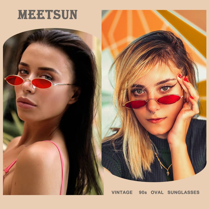 MEETSUN Vintage 90s Small Oval Sunglasses For Women Men Metal Frames Designer Gothic Glasses (C40-Gold-Red) - Image 2